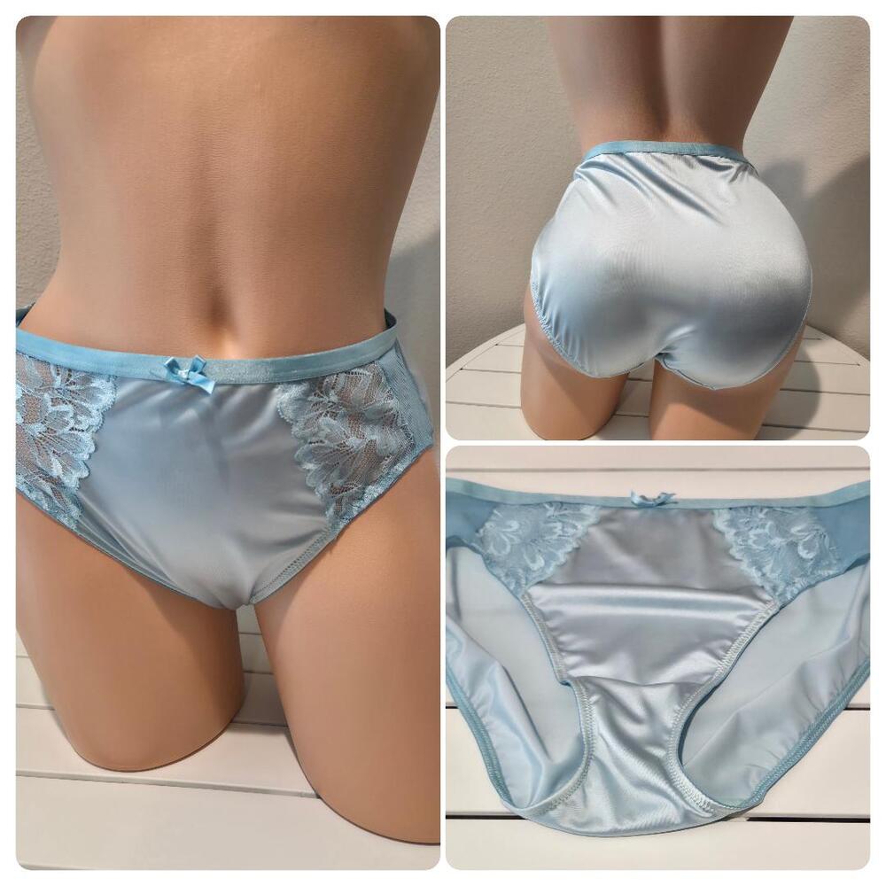 Ambrielle Tulip Lace High Cut Panty Shiny Satin Stretch Floral Lace Baby Blue